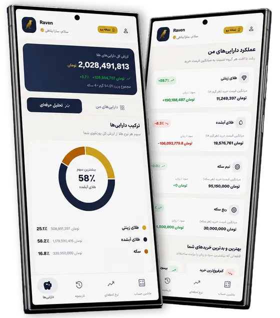 پیش‌نمایش اپلیکیشن ریون گلد — پرتفوی دارایی‌ها و عملکرد سود و زیان