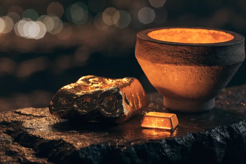 شمش آب‌شده‌ی طلا کنار بوته‌ی ذوب